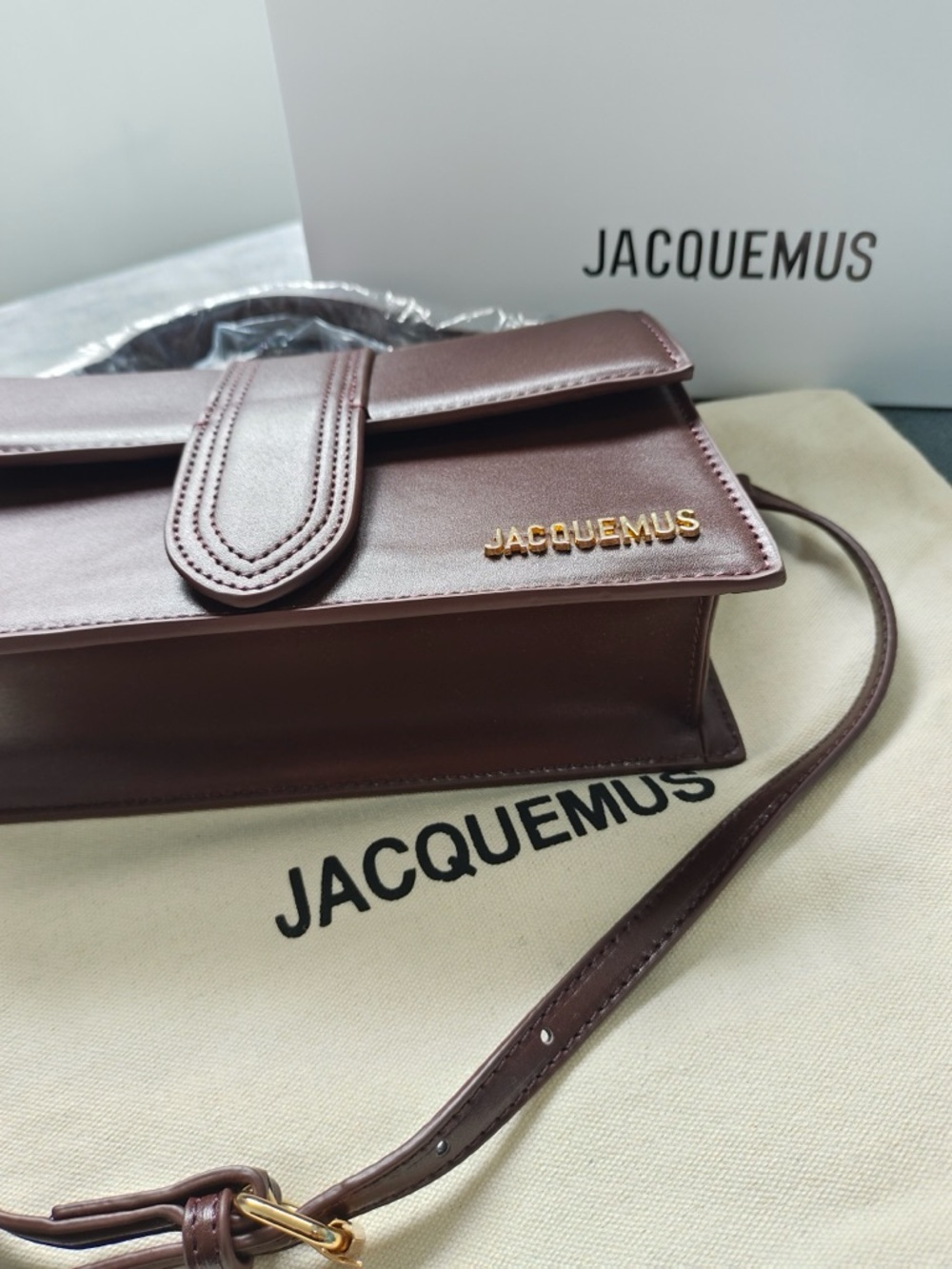 Jacquemus Dark Brown Leather Crossbody Bag with Gold Logo - Picture 2 of 7